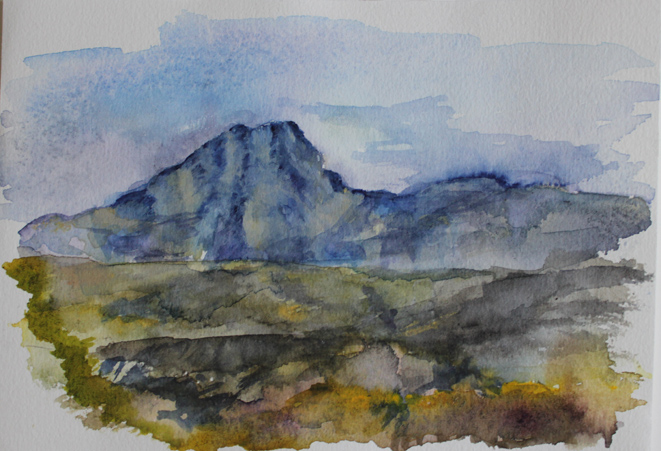 Kirsten Kötter: Montagne Sainte-Victoire vom Mont Joli, 06.10.2013, am Morgen, Aquarell, 12 × 17 cm