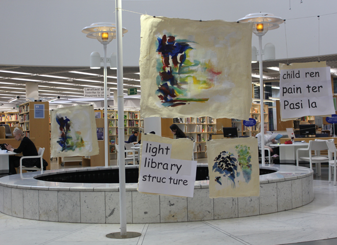 Kirsten Kötter: Interventio Pasilassa, Intervention in the library of Pasila with site-specific paintings (oil on fabric, watercolours, acrylics), texts, videos, 26th - 27th of May 2015