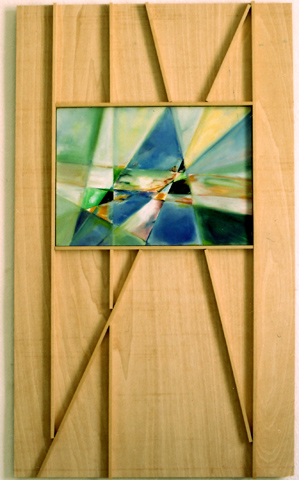 Construction of time in space, 2009,
  oil, acrylic, wood, wooden slats, 145 × 85 cm (Kirsten Kötter) /
  Konstruktion von Zeit in Raum