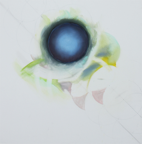 untitled (Blue bullet), 2009,
  oil, acrylic, canvas, 60 × 60 cm (Kirsten Kötter) /
  ohne Titel (Blaue Kugel)