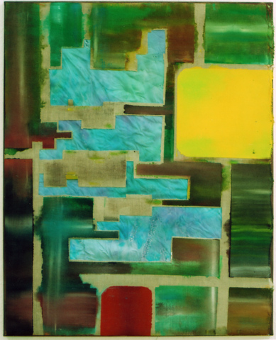 untitled (Forest river), 2009, oil, acrylic, canvas, painted silk, 75 × 95 cm (Kirsten Kötter) /
  ohne Titel (Waldfluss)