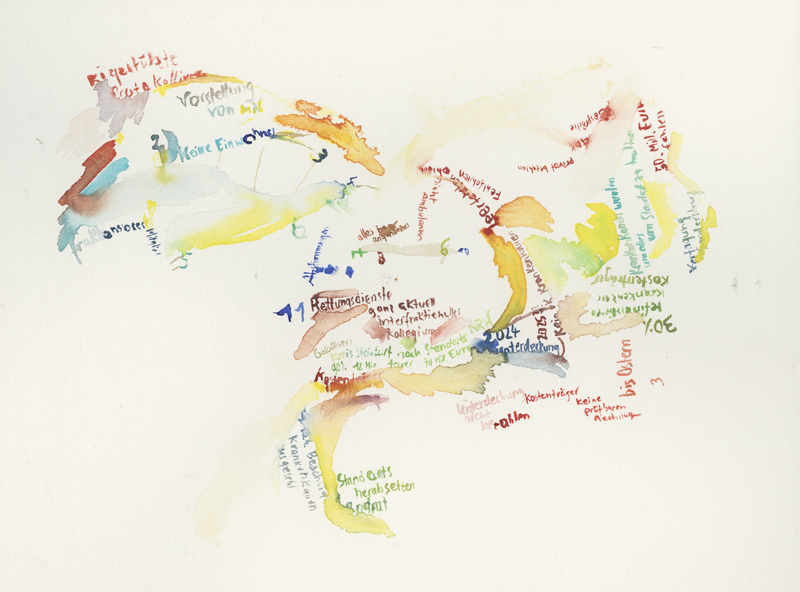 2026-03-02_kreistag1_rettungsdienst, watercolour, 24 × 32 cm (Kirsten Kötter)