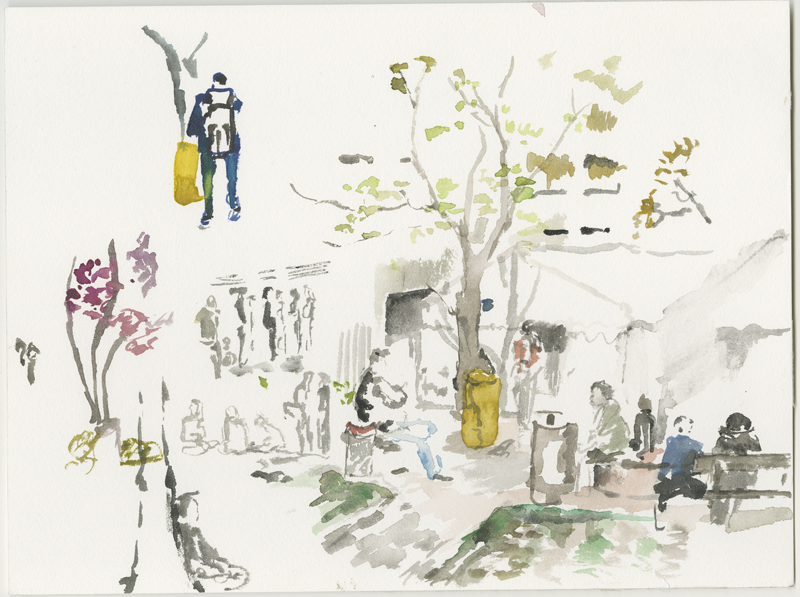 2016-04-13_52-52725_13-34790_lageso_skizze, refugees waiting outside in front of the LAGeSo, sketch, 24 x 32 cm (Kirsten Kötter)