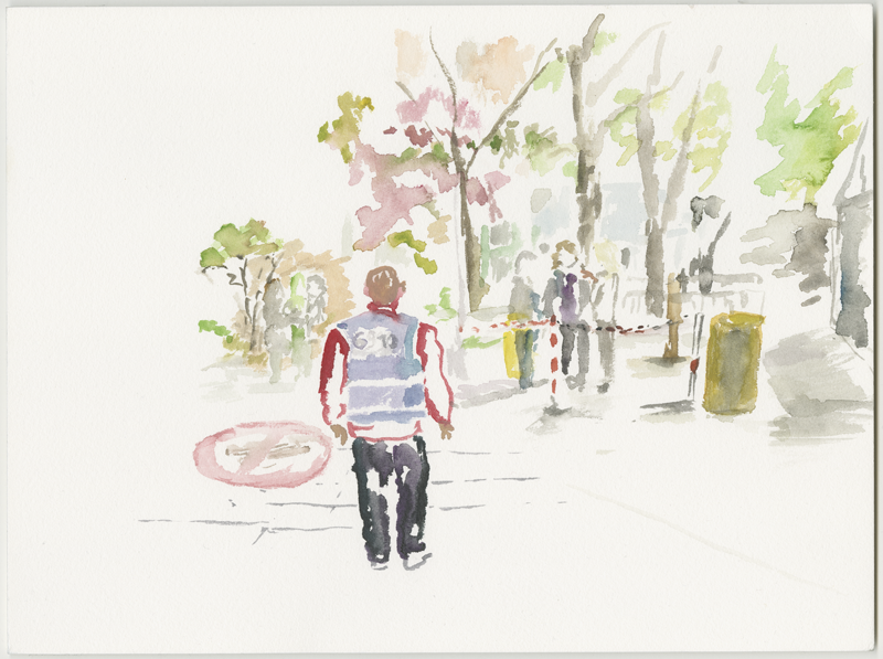 2016-05-02_52-52725_13-34790_lageso_skizze2, security staff in front of the entrance to the LAGeSo, sketch, 24 x 32 cm (Kirsten Kötter)