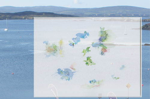 2019-06-11_17_irl-glengarriff-hotel, clouds over the sea, window-view, Eccles hotel, Glengarriff, Galway (Ireland), water colour, 24 × 32 cm, photo, digital montage (Kirsten Kötter)