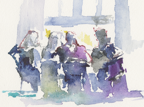 2015-04-05_sehitlik-moschee_skizze, in the women's room of the Sehitlik mosque, women are reading the Koran before prayer, sketch, water colour, image section of 24 × 32 cm (Kirsten Kötter)