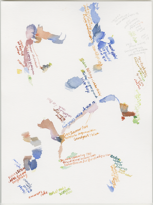 2019-03-27_landtag-plenar_orientierungsdebatte-organspende-3,
plenary session Landtag (German state parliament) Rheinland-Pfalz, Mainz,
watercolour, 30 × 40 cm (Kirsten Kötter)