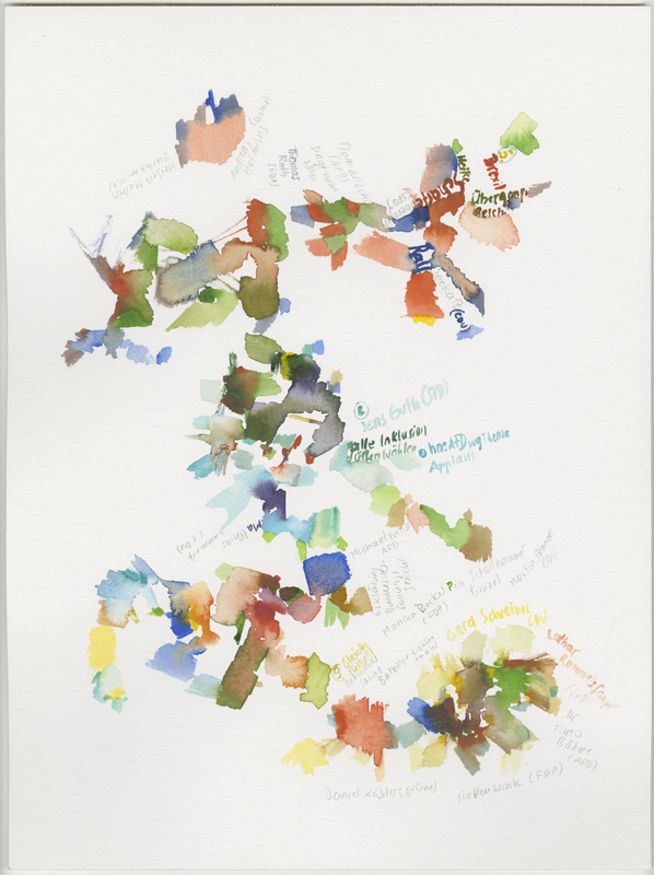 2019-03-27_landtag-plenar_tagesordnung-5-8-9,
plenary session Landtag (German state parliament) Rheinland-Pfalz, Mainz,
watercolour, 30 × 40 cm (Kirsten Kötter)