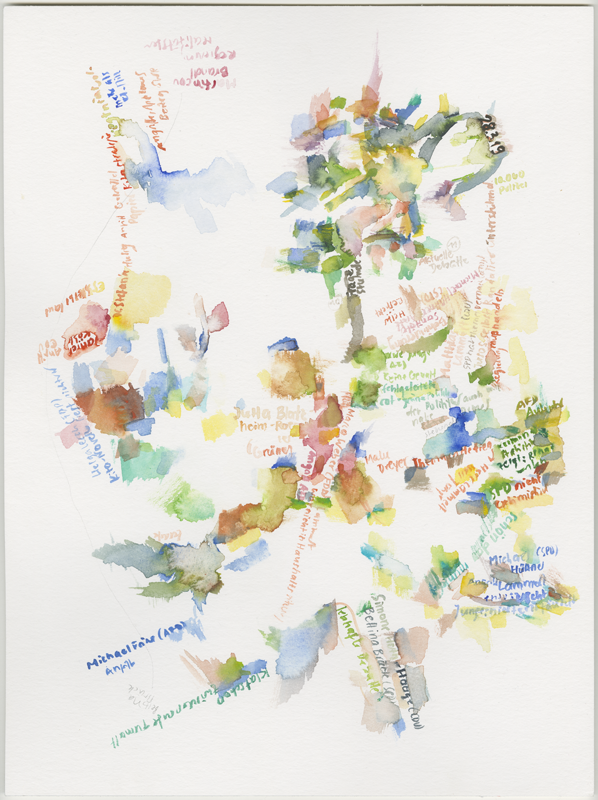 2019-03-28_landtag-plenar_tagesordnung-11,
plenary session Landtag (German state parliament) Rheinland-Pfalz, Mainz,
watercolour, 30 × 40 cm (Kirsten Kötter)