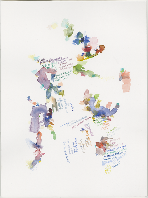 2019-03-29_landtag-plenar_tagesordnung-17_aktuelle-debatte-b,
plenary session Landtag (German state parliament) Rheinland-Pfalz, Mainz,
watercolour, 30 × 40 cm (Kirsten Kötter)
